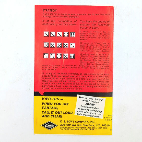 1967 Vintage Original Yahtzee E.S. Lowe Rules Instruction Pamphlet For Dice Game - Picture 3 of 3